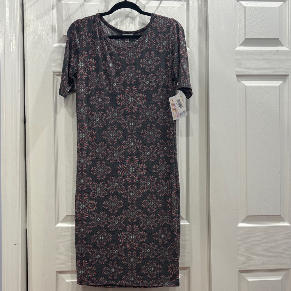 LuLaRoe Midi Dress in Charcoal with Pink Pattern